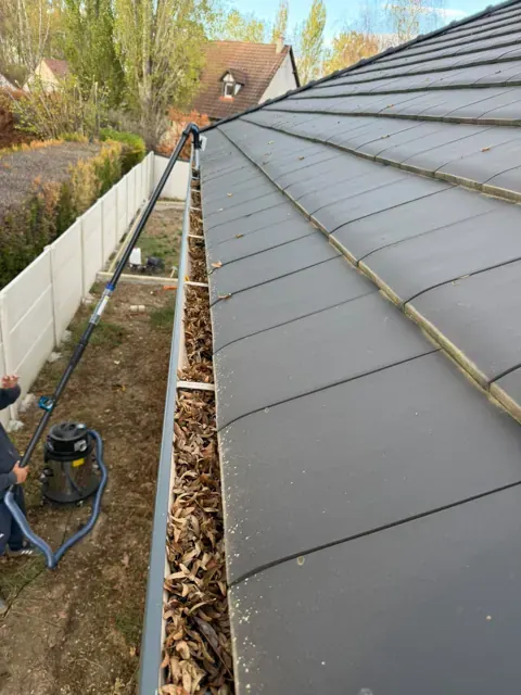 Feuilles accumulées dans une gouttière avant leur aspiration